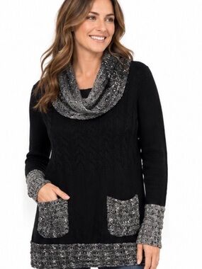 Black & Gray Cowl Neck Sweater Tunic L Pockets Marled Knit